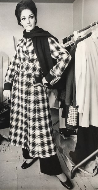 Belted maxi coat in black white check image item